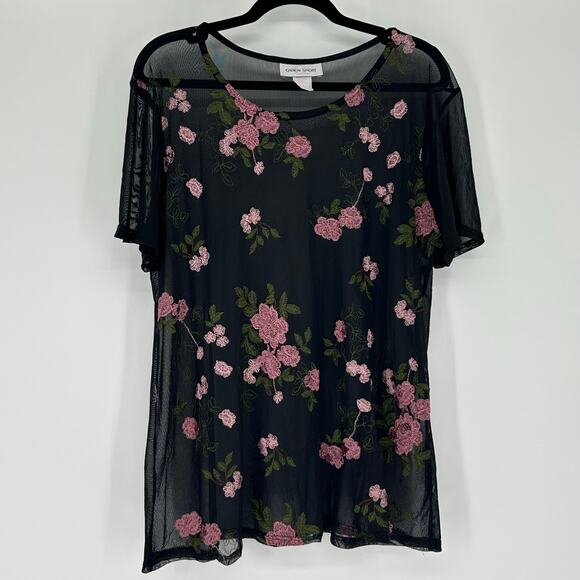 Caren Sport Vintage Sheer Mesh Embroidered Pink Flowers Sz 2X - Picture 2 of 5